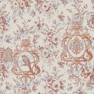 May include: A cream-colored toile pattern featuring illustrations of architectural landmarks, birds, butterflies, and floral elements in a muted reddish-brown hue. The design includes ornate frames and decorative flourishes, creating a vintage aesthetic.