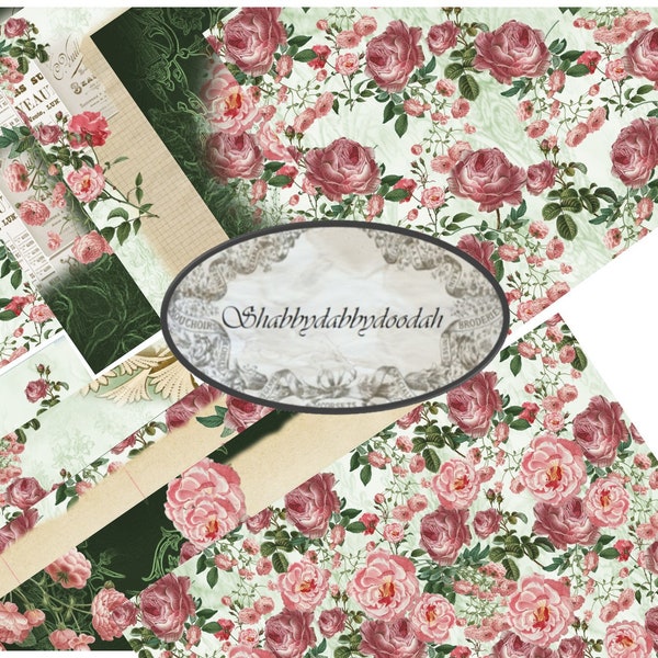 11 x Background Pages The ROSE GARDEN Vintage Green Pink Coloured Scrapbook Paper Junk Journal Printable Collage - Journals Card Digi