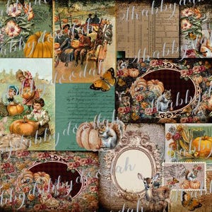 18 Pg OUTONOS SOBRE NÓS - Papéis Vintage e Natureza Floral Páginas de Fundo de Impressão Digital Cartões de Diário Imprimíveis Lixo Esquilo Raposa