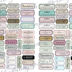 May include: A collection of vintage-style labels in various shapes and sizes. The labels feature text in French, including "Chocolaterie," "Coiffures," and "Blois." The color palette includes pastel shades of pink, blue, and beige, with decorative borders.