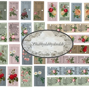 2 Pg ENTRADAS SIN TIEMPO Vintage Floral Ticket Fussy Cuts Tarjetas de diario Junk Journal imprimible - Tarjeta que hace etiquetas efímeras Conjunto completo