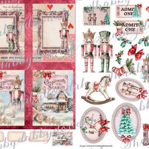 Puede incluir: Un collage de elementos de arte digital con temática navideña. Incluye cascanueces, imágenes enmarcadas, árboles de Navidad, lazos y un caballito balancín. La paleta de colores presenta acentos rosas, verdes y rojos sobre un fondo crema. El texto "Compliments of the Season" es visible.