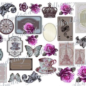 May include: A collection of vintage-style digital graphics featuring roses, butterflies, a clock, playing card, crown, teacup, and decorative frames. The color palette includes shades of purple, pink, and gray.