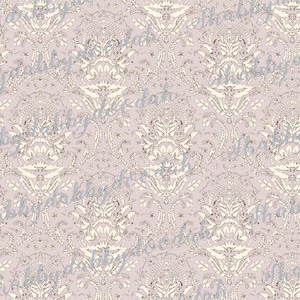 May include: A seamless pattern featuring a damask design in white and cream on a light purple background. The pattern is intricate and detailed, with a subtle glitter effect.