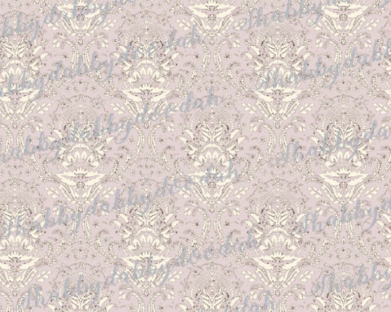 May include: A seamless pattern featuring a damask design in white and cream on a light purple background. The pattern is intricate and detailed, with a subtle glitter effect.