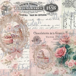 30 Pg COLLECTION de pâtisseries bleu rose Belles pages d'arrière-plan imprimées numériquement sur le thème Cartes journalières Journal indésirable Gâteaux imprimables
