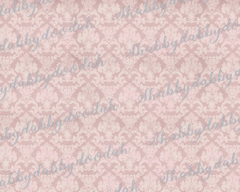 May include: A pink damask patterned background with the text "Shabby Doo Dah" repeated in a light blue cursive font.