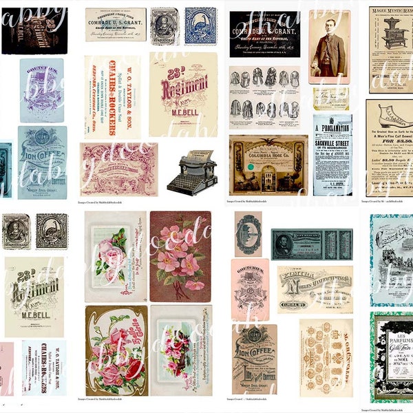 12 Pg VICTORIAN EPHEMERA PIECES Set 5 Vintage Ephemera  Stamps Postcards Tickets Tags Journaling Cards Junk Journal Printable Journals