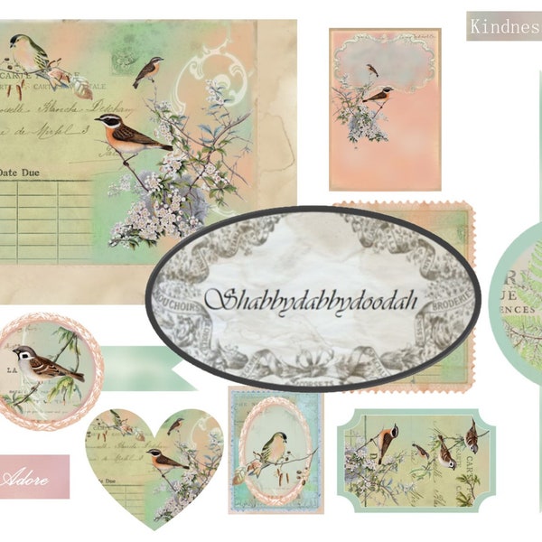 Spring Birds 25 page Junk Journal Printable Kit  Pink Vintage Images - complete Kit Scrapbooks Travellers Notebooks digital Cards Albums