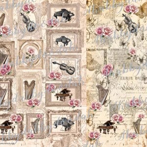 May include: A digital collage featuring a vintage aesthetic with musical instruments, roses, and handwritten text. The instruments include a harp, violin, and a grand piano. The roses are pink and white. The text is in French and English.
