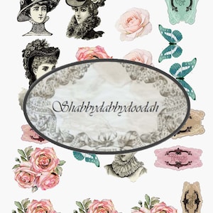 May include: A collage of vintage-style illustrations featuring women in ornate hats, pink roses, butterflies, and decorative labels. The image includes the text "Shabbydabbydoodah" and is set against a white background.