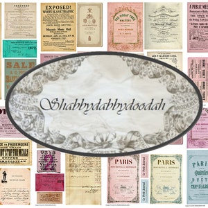 Conjunto de peças efêmeras vitorianas, 12 pg, 4 selos vintage, cartões postais, etiquetas de ingressos, diário, lixo, diário para impressão