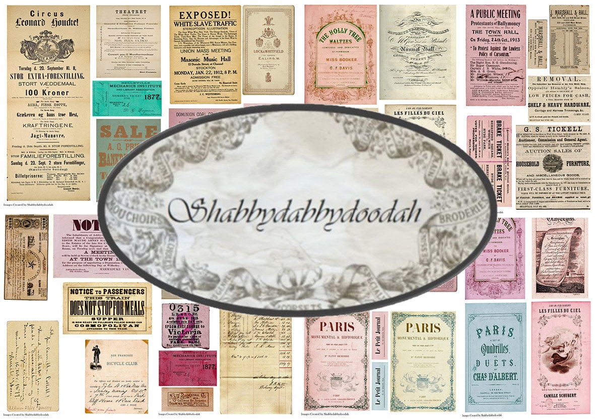 12 Pg VICTORIAN EPHEMERA PIECES Set 4 Vintage Ephemera  Stamps Postcards Tickets Tags Journaling Cards Junk Journal Printable Journals