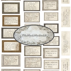 May include: A collection of vintage-style cards with definitions of words like "treasure", "inspire", "bloom", "dream", "nature", "home", "beauty", "special", "amaze", "wonderful", and "cherish". The cards have a distressed, aged look and are printed on a cream-colored background with brown text.