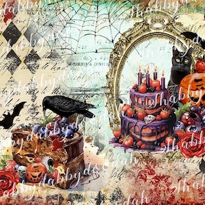 13 págs. GHOULS GATEAUX HALLOWEEN Collage de temática gótica Páginas de fondo para impresión digital Diario basura Creación de tarjetas imprimibles Estacional