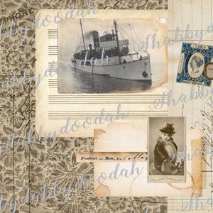 May include: A vintage collage featuring a black and white photograph of a ship on water, a portrait of a woman, and a blue stamp. The background includes sheet music, handwritten notes, and floral patterned paper.