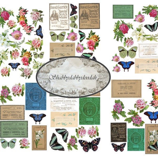 7 Pg Vintage GLUE BOOK Favourites Set 2 + Collage Sheet DIGITAL Fussy Cuts Flowers Roses Butterflies Adverts  Journal Cards ephemera flower