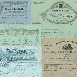 Peut inclure: Un collage d'éphémères vintage, avec des publicités et des reçus anciens. Les motifs comprennent une typographie ornée, des motifs floraux et des couleurs fanées de bleu, de vert et de sépia. L'ensemble évoque la nostalgie et le charme historique.