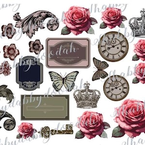 May include: A collection of vintage-style digital graphics featuring roses, butterflies, clocks, crowns, decorative frames, and ornate scrollwork. The color palette includes shades of pink, brown, and gray, creating a romantic and antique aesthetic.