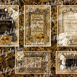 May include: Six digital paper collage sheets featuring vintage book covers with ornate frames and floral accents. The covers are in shades of brown, gold, and white with text that reads "History of Familiar Things".