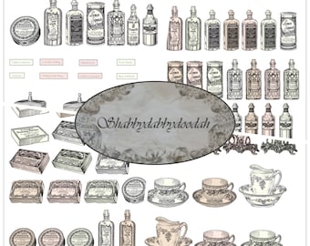 4 PAGE Bottles & Vintage Soaps Themed DIGITAL DIE Cut Set of journalling cards notecards ephemera paperwork Tickets clocks watches Ephemera