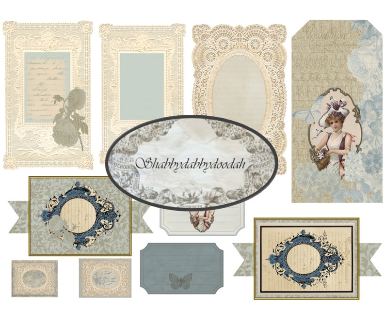 Może przedstawiać: Zestaw ramek i etykiet do scrapbookingu w stylu vintage z motywem shabby chic. Ramki i etykiety zdobione są koronką, kwiatami i napisami w odcieniach niebieskiego, beżowego i białego. Tekst na jednej z ramek brzmi "Shabbydabbdydoodah".