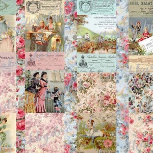 Könnte beinhalten: Eine Collage im Vintage-Stil mit floralen und antiken Illustrationen. Das Design zeigt verschiedene Tafeln mit Bildern von Kindern, Frauen und Szenen aus der Vergangenheit, zusammen mit französischem Text und floralen Mustern. Die Farbpalette umfasst sanfte Rosa-, Blau- und Cremetöne.