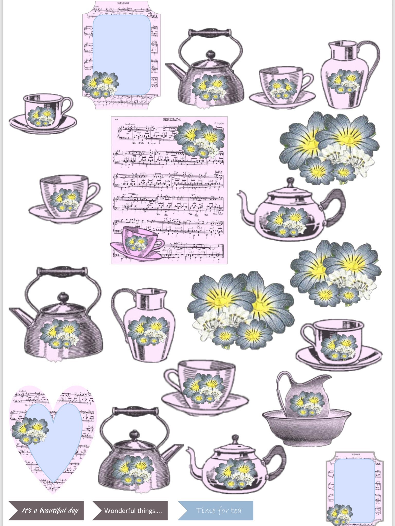 3 PAGE Vintage TEA Themed DIGITAL Die Cut Set of Journalling Cards ...