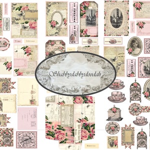 SLIPPER & the ROSE pg vintage Ephemera Set Roses romantiques Billets Tags Cartes de journalisation Junk Journal Journaux imprimables Fabrication de cartes