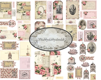 SLIPPER & the ROSE pg Vintage Ephemera Set Romantic Roses Tickets Tags Journaling Cards Junk Journal Printable Journals Card Making