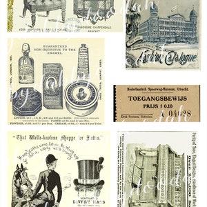 Może przedstawiać: Kolaż vintage'owych reklam przedstawiających r&oacute;żnorodne produkty, w tym krzesło, p&oacute;łkę, tubkę pasty do zęb&oacute;w, słoik kremu do twarzy, kapelusz, fortepian i bilet do muzeum. Reklamy są w czerni i bieli i charakteryzują się skomplikowanymi ilustracjami i typografią.