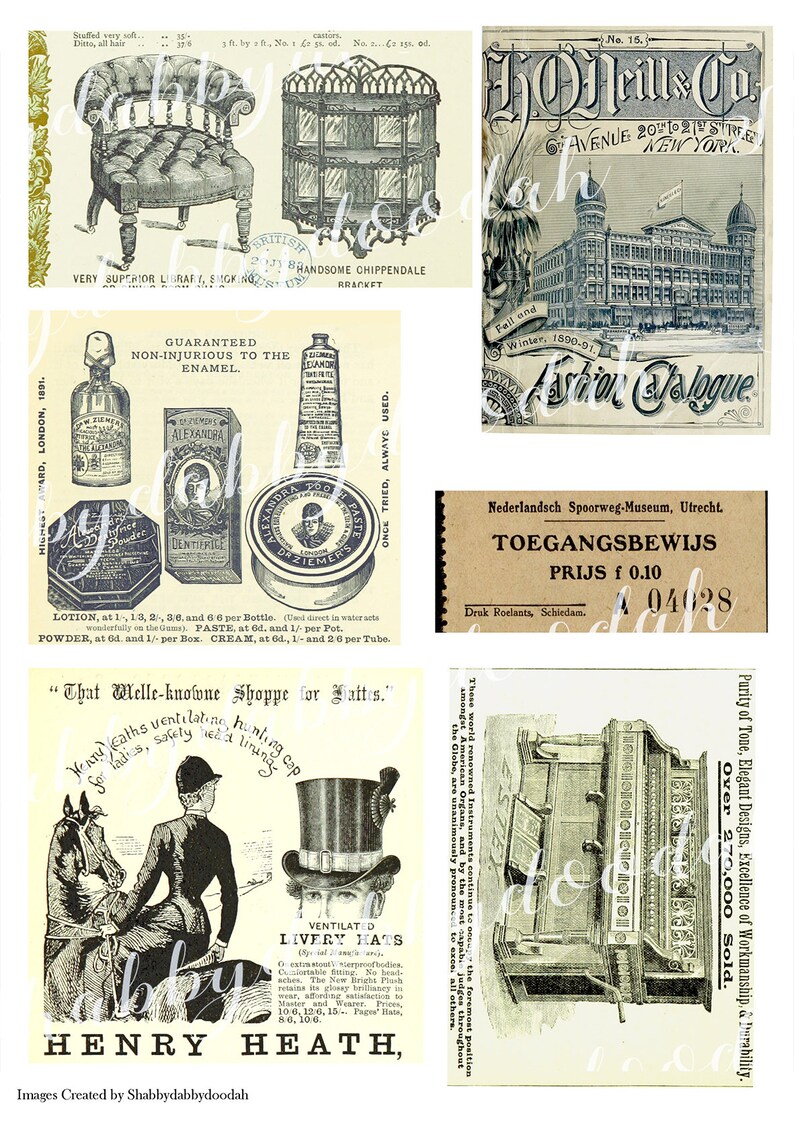 Może przedstawiać: Kolaż vintage'owych reklam przedstawiających r&oacute;żnorodne produkty, w tym krzesło, p&oacute;łkę, tubkę pasty do zęb&oacute;w, słoik kremu do twarzy, kapelusz, fortepian i bilet do muzeum. Reklamy są w czerni i bieli i charakteryzują się skomplikowanymi ilustracjami i typografią.
