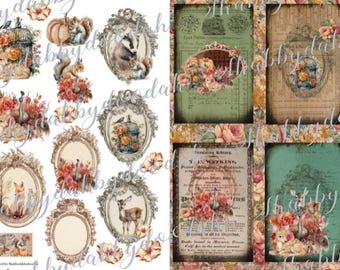 10 Pg AUTUMNS UPON US Autumn Themed Fussy Cuts Journaling Cards Junk Journal Printable - Card Making Ephemera fun Labels Tags Complete Set