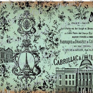 May include: Vintage-style digital art print with a light green background and black floral and architectural elements. Features the Eiffel Tower, butterflies, and French text. The print has a distressed, aged appearance.