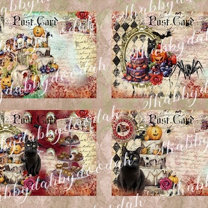 Vintage GHOULS GATEAUX HALLOWEEN Cortes exigentes com tema gótico Cartões de diário para impressão - Criação de cartões Conjunto completo de etiquetas efêmeras