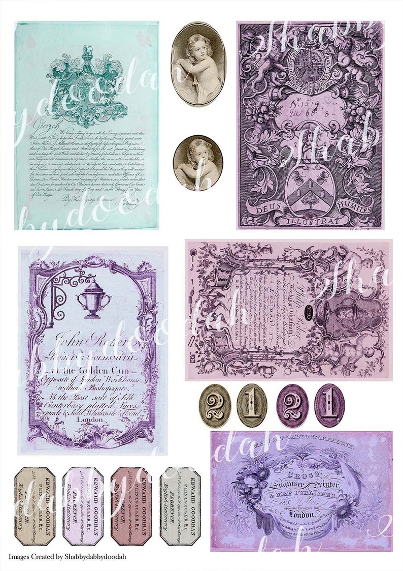 Może przedstawiać: Kolekcja vintage ephemera w fioletowo-niebieskiej kolorystyce. Obrazy obejmują herb z tekstem "Deus Illustrat Humiles", dokument z tekstem "John Parker, Jubiler i Złotnik" oraz bilet z tekstem "Edward Goodman, Drukarz".