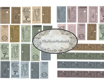 May include: A collection of vintage-style paper tickets in various colours and designs. The tickets feature numbers, text, and a hole punched in the top corner. Some tickets have the text "Adult Child 7d" printed on them.