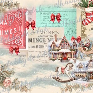 May include: A collage of vintage Christmas imagery. It features a red sign with the words "Christmas Chimes", red bows, a stocking, a Santa sleigh, houses, and a rocking horse. The color palette includes red, white, and pastel tones.