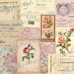 May include: A collage of vintage ephemera featuring floral illustrations and handwritten script. The design includes faded pink roses, antique receipts, and decorative patterns, creating a nostalgic aesthetic.