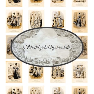 Könnte beinhalten: Eine Sammlung von 12 Vintage-Illustrationen, die Frauen in verschiedenen modischen Kleidern aus dem späten 19. Jahrhundert zeigen. Die Illustrationen sind in Schwarzweiß und haben einen Sepiaton. Die Frauen tragen aufwendige Kleider mit Rüschen, Spitze und Schleifen. Einige der Frauen halten Sonnenschirme oder Fächer. Die Illustrationen stammen aus einem Buch oder einer Zeitschrift und haben Text in Französisch.