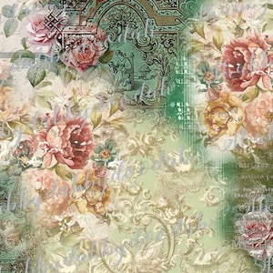 May include: A digital collage paper featuring a layered composition of pink and peach roses, ornate green architectural frames, vintage script text, musical notation, and swan illustrations. The background blends soft cream, sage green, and deep forest green tones with a distressed, textured appearance throughout the entire design.