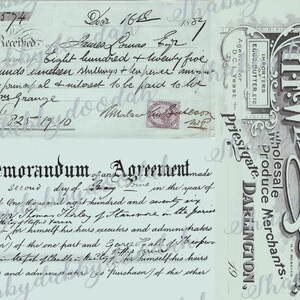 Peut inclure: Un document vintage avec un accord manuscrit et une carte de visite pour H.W. Webster & Son, n&eacute;gociants en gros de produits, Priesigate, Darlington. L'accord est dat&eacute; de 1776 et mentionne une somme de 825&nbsp;&pound;&nbsp;19&nbsp;s&nbsp;10&nbsp;d.