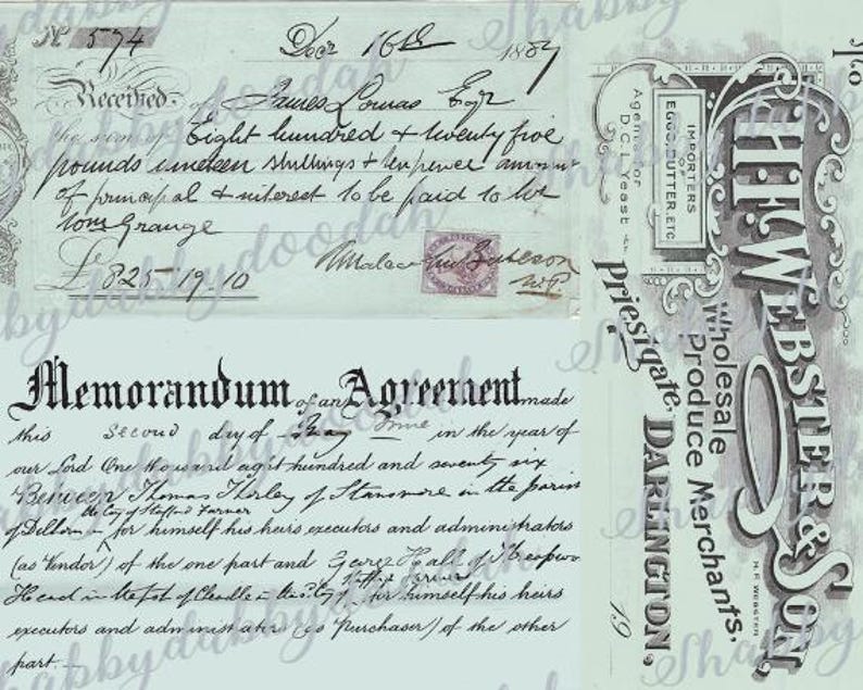 Peut inclure: Un document vintage avec un accord manuscrit et une carte de visite pour H.W. Webster & Son, n&eacute;gociants en gros de produits, Priesigate, Darlington. L'accord est dat&eacute; de 1776 et mentionne une somme de 825&nbsp;&pound;&nbsp;19&nbsp;s&nbsp;10&nbsp;d.