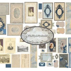 Może przedstawiać: Zbi&oacute;r cyfrowych element&oacute;w scrapbookingu w stylu vintage w odcieniach niebieskiego, białego i beżowego. Elementy obejmują ramki, obramowania, etykiety i ozdobne zdobienia. Tekst "Shabbydabydoodah" znajduje się w ozdobnej owalnej ramce.