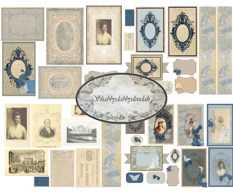 Może przedstawiać: Zbi&oacute;r cyfrowych element&oacute;w scrapbookingu w stylu vintage w odcieniach niebieskiego, białego i beżowego. Elementy obejmują ramki, obramowania, etykiety i ozdobne zdobienia. Tekst "Shabbydabydoodah" znajduje się w ozdobnej owalnej ramce.