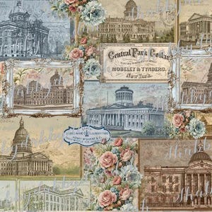 K&ouml;nnte beinhalten: Eine Collage aus Vintage-Bildern mit verschiedenen Geb&auml;uden, darunter das Kapitolgeb&auml;ude in Topeka, Kansas, das Kapitolgeb&auml;ude in Montgomery, Alabama, und das Central Park Collars-Geb&auml;ude in New York City. Die Collage ist mit floralen Akzenten verziert und enth&auml;lt den Text "Central Park Collars, Mobeley & Tynberg, New York".