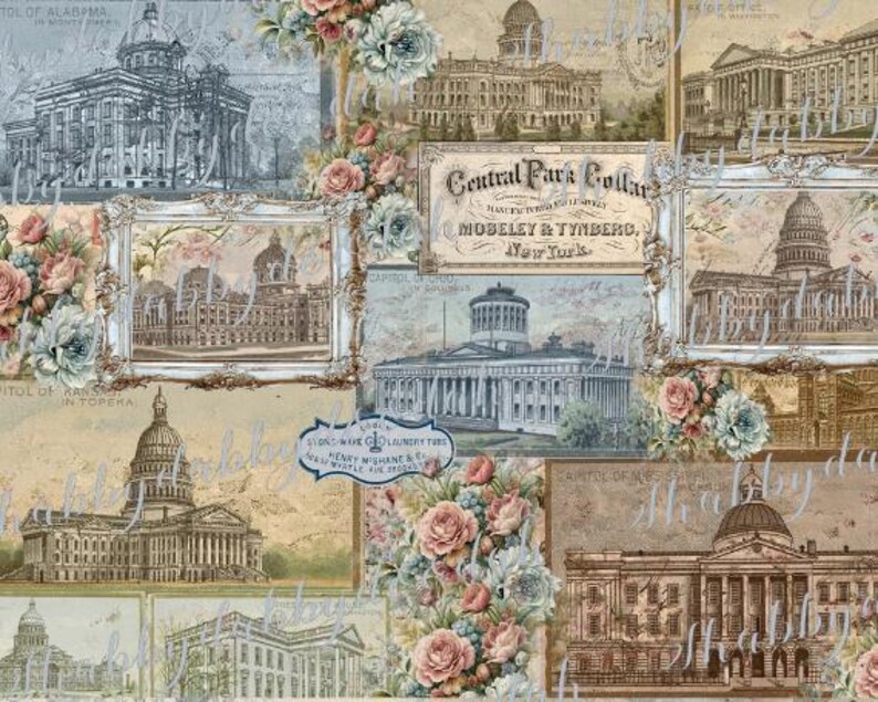 K&ouml;nnte beinhalten: Eine Collage aus Vintage-Bildern mit verschiedenen Geb&auml;uden, darunter das Kapitolgeb&auml;ude in Topeka, Kansas, das Kapitolgeb&auml;ude in Montgomery, Alabama, und das Central Park Collars-Geb&auml;ude in New York City. Die Collage ist mit floralen Akzenten verziert und enth&auml;lt den Text "Central Park Collars, Mobeley & Tynberg, New York".