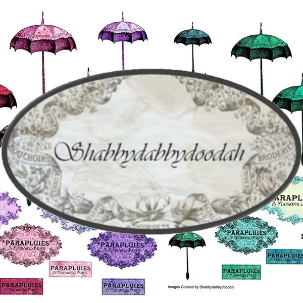 SHABBY CHIC Umbrellas Colourful Set 3 Page Shabby Chic Parasols - Ephemera Vintage Junk Journal Themed Digital Printable Tickets Ephemera