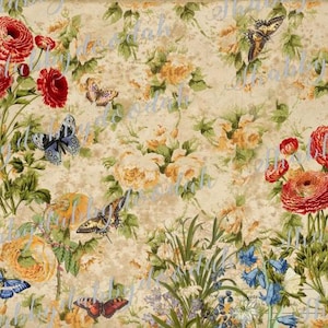 May include: A vintage-style floral pattern featuring red and yellow roses, green foliage, and butterflies. The background has a textured, aged appearance. The design includes various butterflies and flowers, creating a classic, botanical theme.