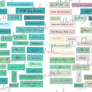 May include: A collection of vintage-style ephemera, featuring rectangular labels and tags in shades of teal, green, and pastel colors. The text includes names, addresses, and prices, evoking a nostalgic aesthetic. Ideal for scrapbooking and crafting projects.